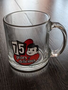 Bob’s Big Boy Clear Glass Coffee Mug “75 Years Of Delicious”